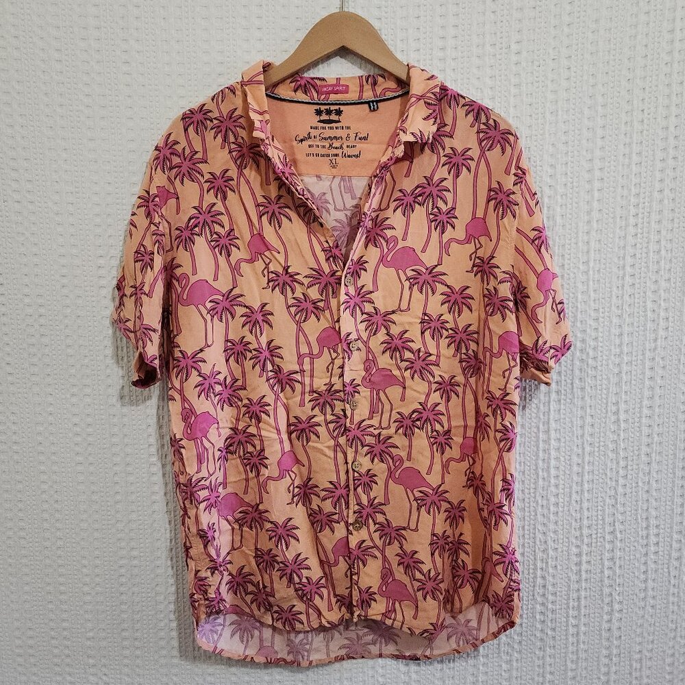 Vacay Spirit Men's Pink Flamingo Hawaiian Button Down Rayon Shirt Size X-Large